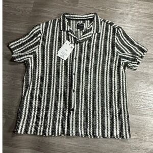 Denim & Flower Ricky Singh Mens XL Black White Striped Textured Knit Camp Shirt